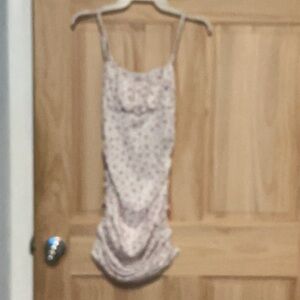 White & Flowers Scrunched Spaghetti Adjustable Strap Dress